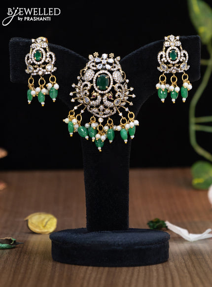 Victorian finish pendant set peacock design with emerald & cz stones and beads hanging