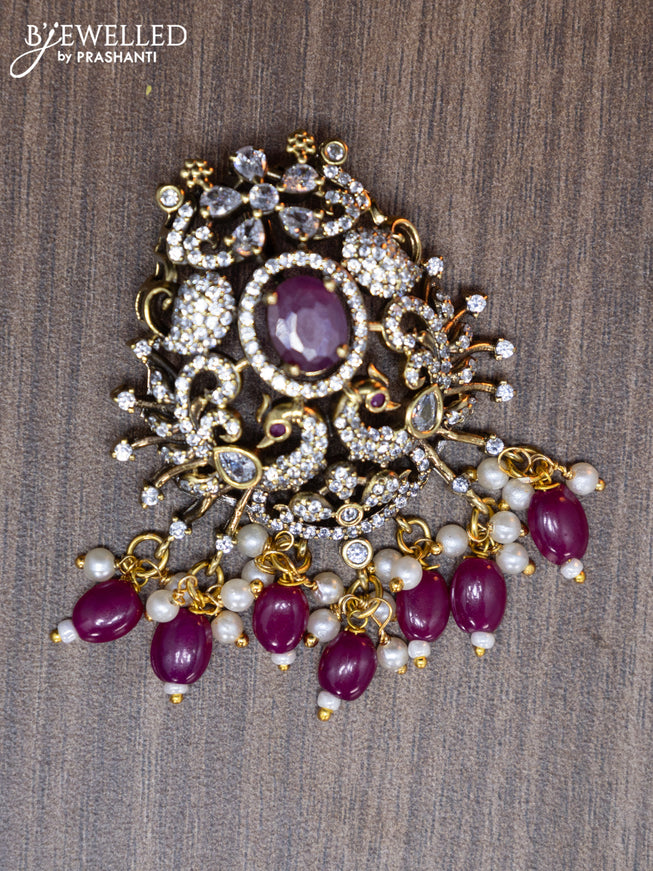 Victorian finish pendant set peacock design with ruby & cz stones and beads hanging