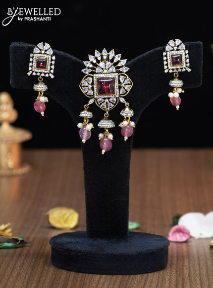 Victorian finish pendant set with ruby & cz stones and beads hangings