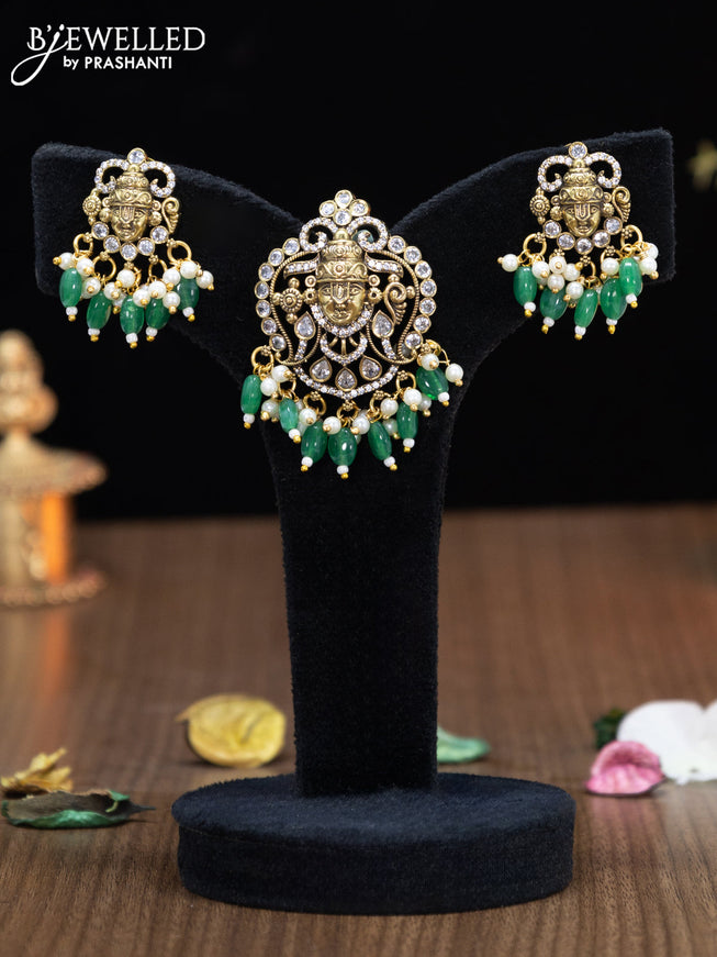 Victorian finish pendant set tirupati balaji design with cz stones and green beads hangings