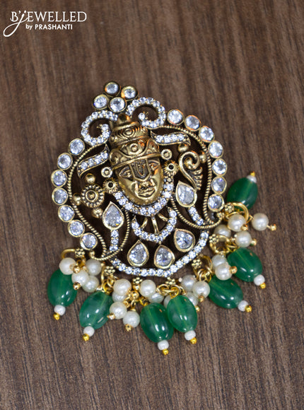 Victorian finish pendant set tirupati balaji design with cz stones and green beads hangings