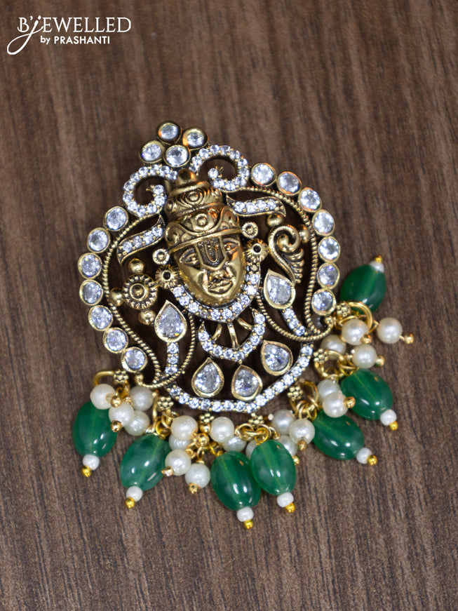 Victorian finish pendant set tirupati balaji design with cz stones and green beads hangings