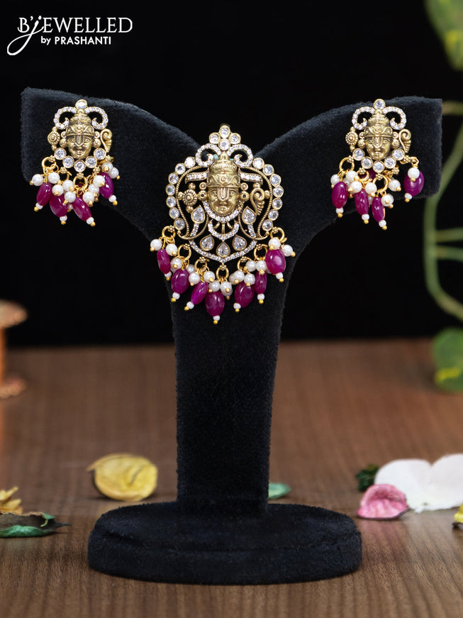 Victorian finish pendant set tirupati balaji design with cz stones and pink beads hangings