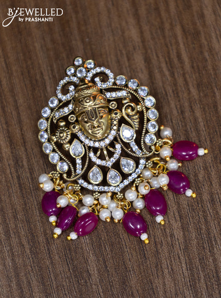 Victorian finish pendant set tirupati balaji design with cz stones and pink beads hangings