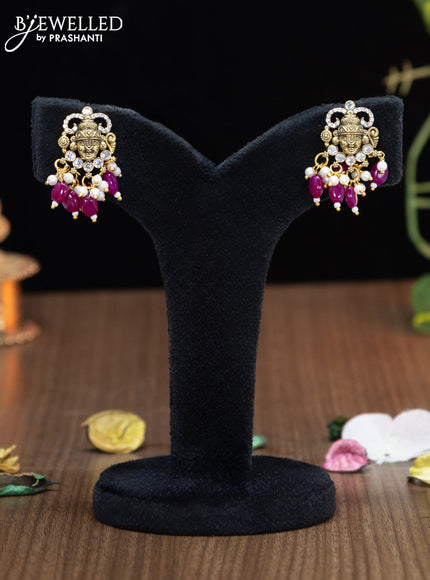 Victorian finish pendant set tirupati balaji design with cz stones and pink beads hangings