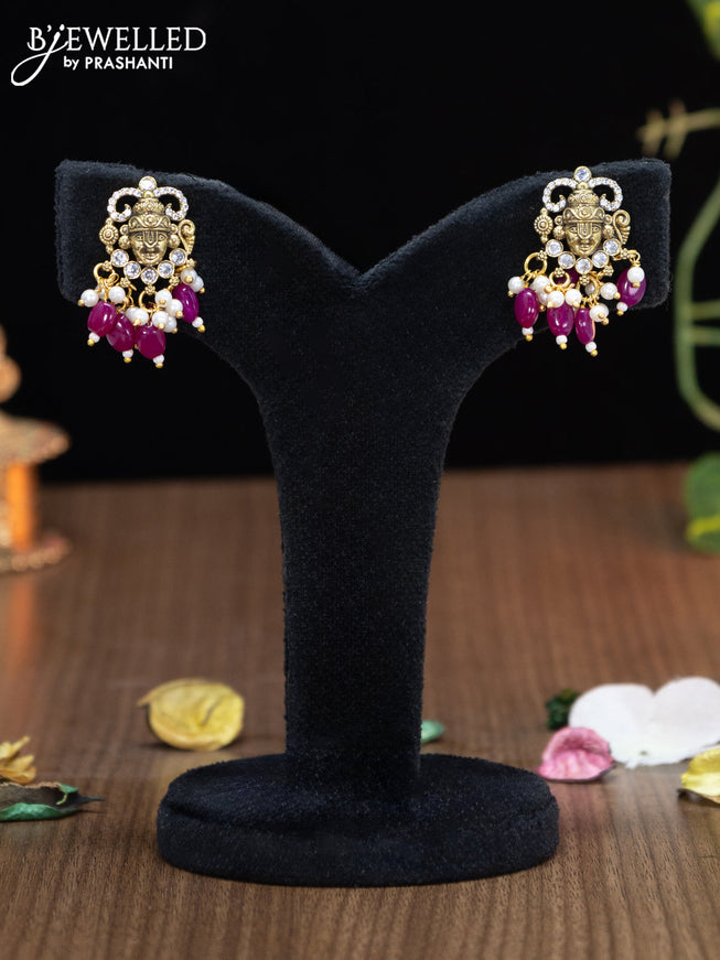 Victorian finish pendant set tirupati balaji design with cz stones and pink beads hangings