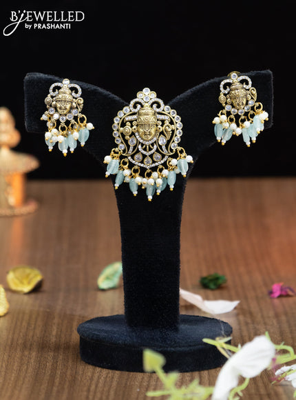 Victorian finish pendant set tirupati balaji design with cz stones and mint green beads hangings