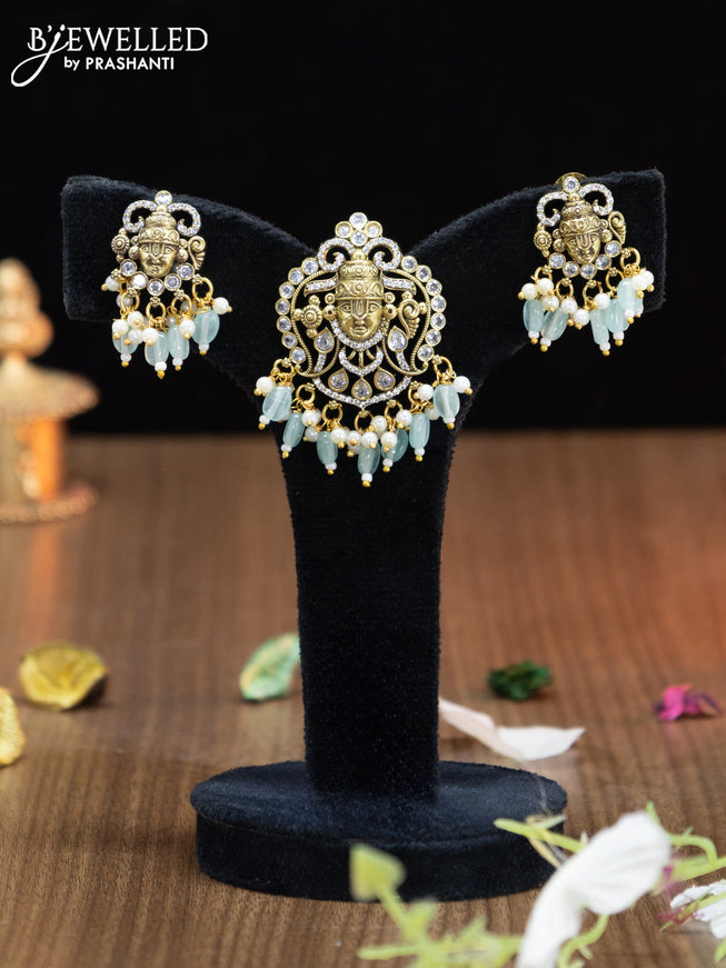 Victorian finish pendant set tirupati balaji design with cz stones and mint green beads hangings