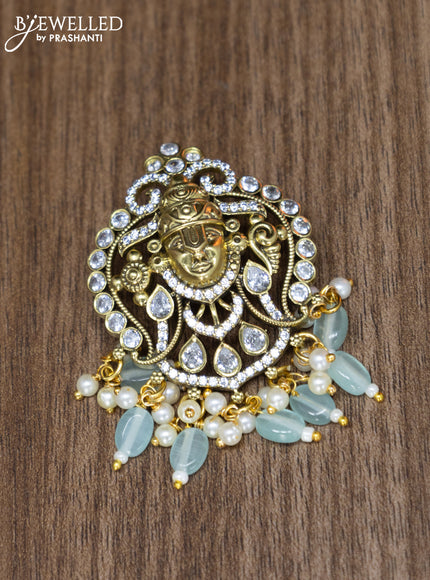 Victorian finish pendant set tirupati balaji design with cz stones and mint green beads hangings