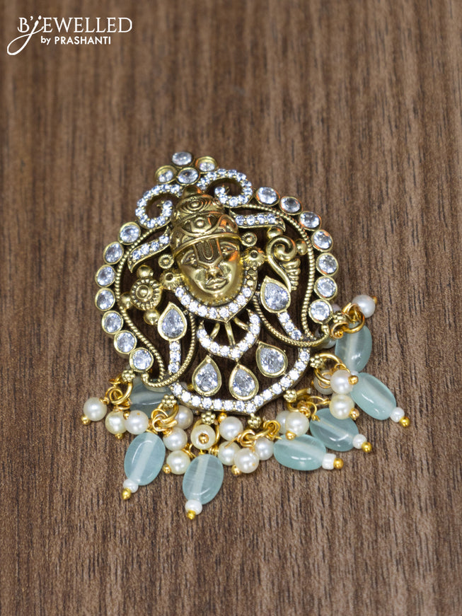 Victorian finish pendant set tirupati balaji design with cz stones and mint green beads hangings