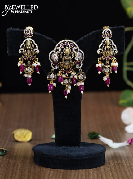 Victorian finish pendant set lakshmi design with ruby & cz stones and mint pink beads hangings