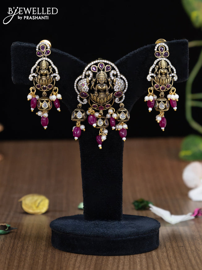 Victorian finish pendant set lakshmi design with ruby & cz stones and mint pink beads hangings