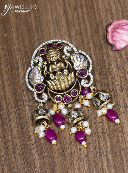 Victorian finish pendant set lakshmi design with ruby & cz stones and mint pink beads hangings