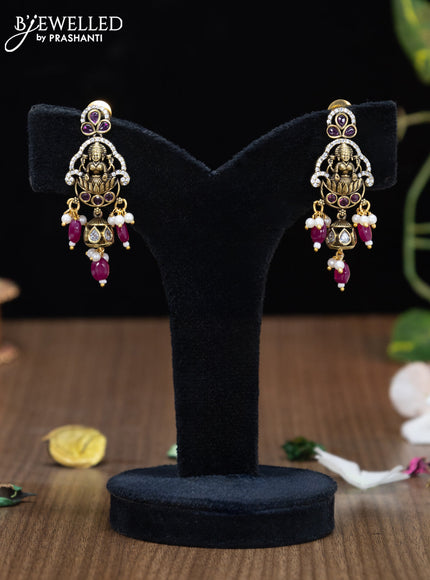 Victorian finish pendant set lakshmi design with ruby & cz stones and mint pink beads hangings