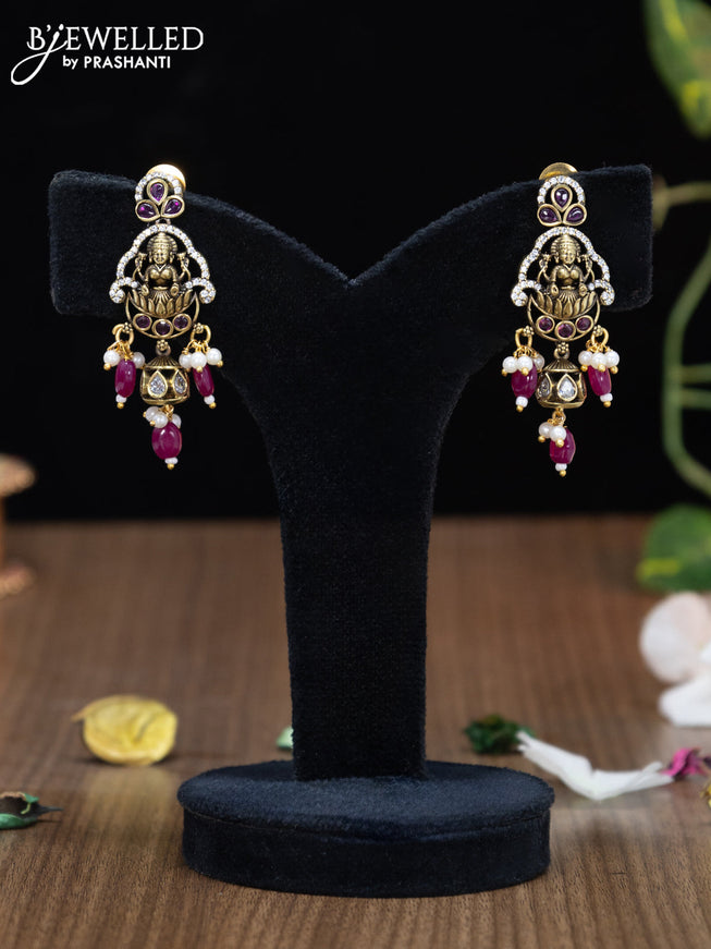 Victorian finish pendant set lakshmi design with ruby & cz stones and mint pink beads hangings