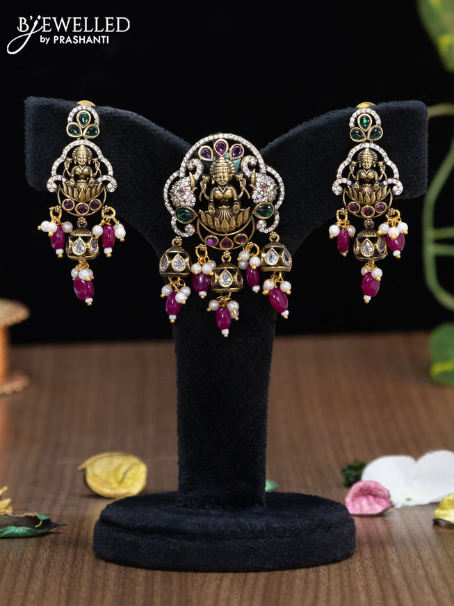 Victorian finish pendant set lakshmi design with kemp & cz stones and mint pink beads hangings