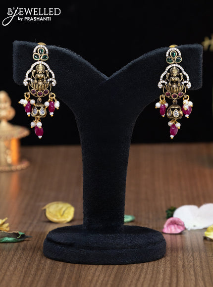 Victorian finish pendant set lakshmi design with kemp & cz stones and mint pink beads hangings