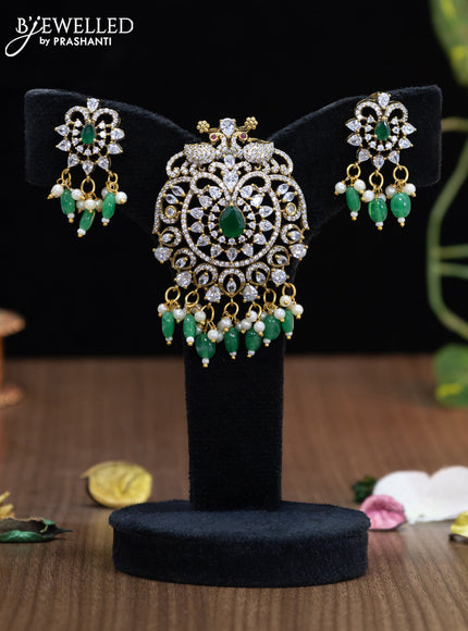 Victorian finish pendant set peacock design with emerald & cz stones and beads hanging