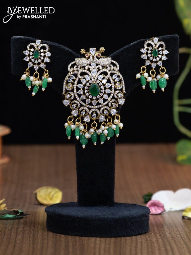 Victorian finish pendant set peacock design with emerald & cz stones and beads hanging