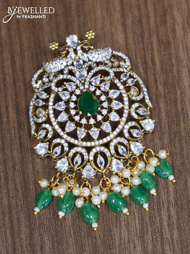 Victorian finish pendant set peacock design with emerald & cz stones and beads hanging