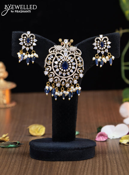 Victorian finish pendant set peacock design with sapphire & cz stones and beads hanging