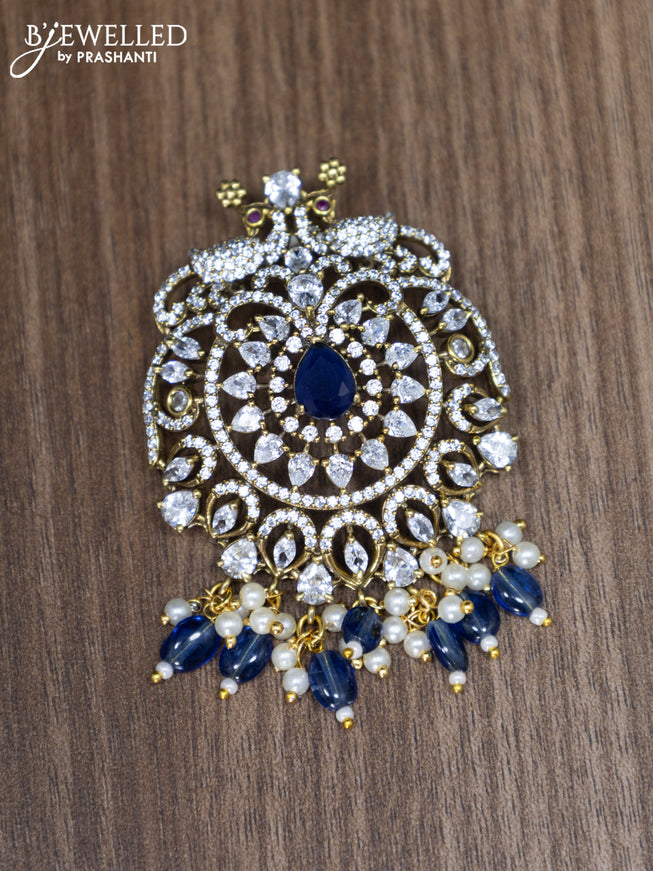 Victorian finish pendant set peacock design with sapphire & cz stones and beads hanging