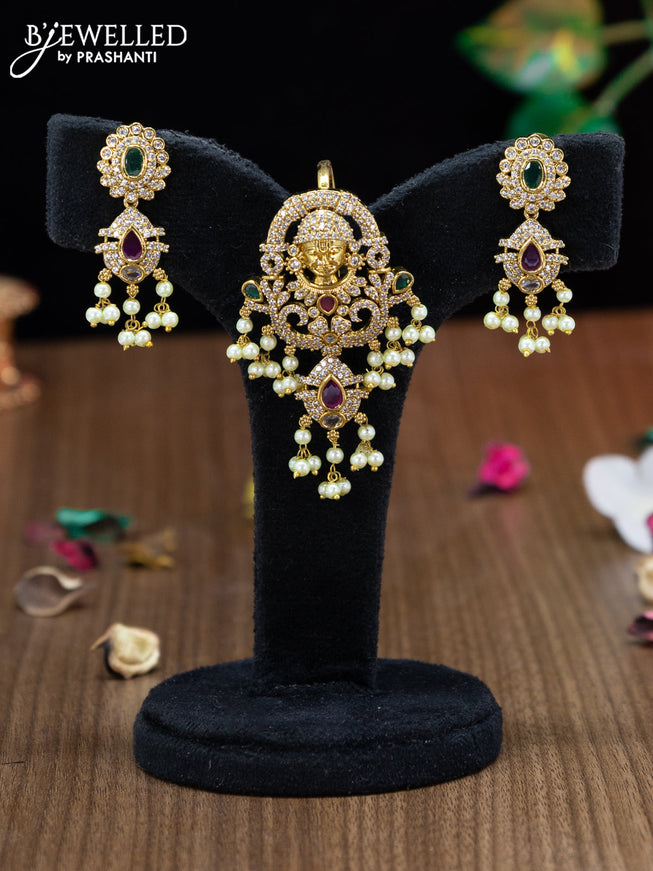 Antique pendant set tirupati balaji design with kemp & cz stones and pearl hanging