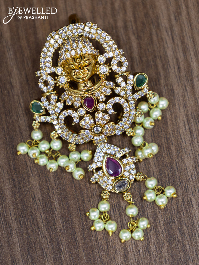 Antique pendant set tirupati balaji design with kemp & cz stones and pearl hanging