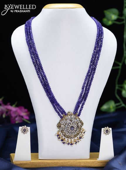 Beaded triple layer violet necklace elephant design with violet & cz stones and pearl & beads hangings in victorian finish