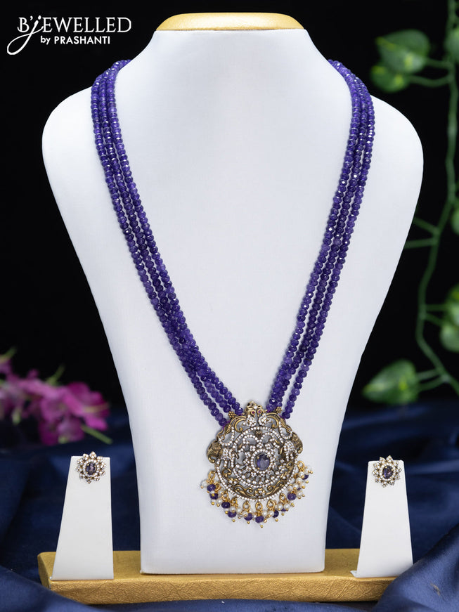 Beaded triple layer violet necklace elephant design with violet & cz stones and pearl & beads hangings in victorian finish