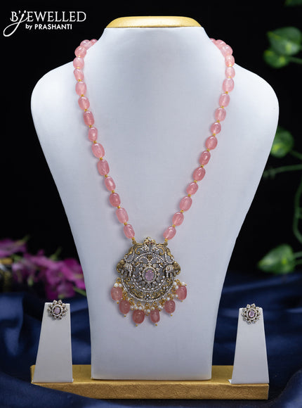 Beaded triple layer pink necklace elephant design with baby pink & cz stones and pearl & beads hangings in victorian finish