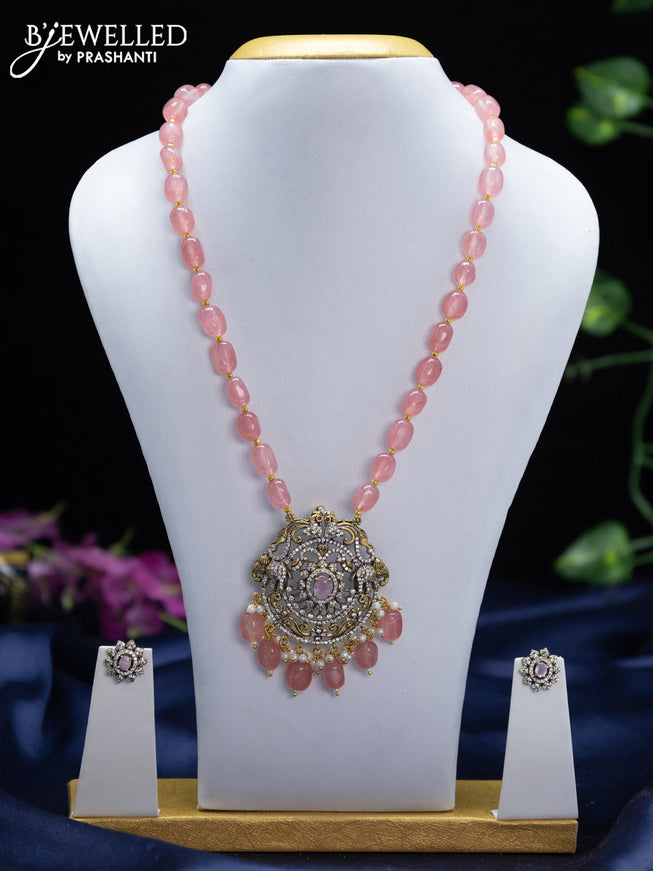 Beaded triple layer pink necklace elephant design with baby pink & cz stones and pearl & beads hangings in victorian finish