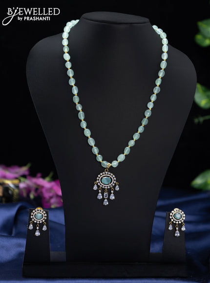 Beaded mint green necklace with mint green & cz stones and hangings in victorian finish