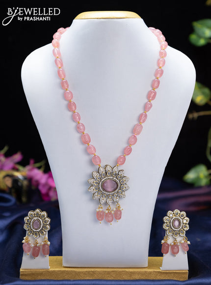 Beaded pink necklace floral design with baby pink & cz stones and beads hangings in victorian finish