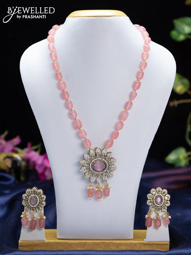 Beaded pink necklace floral design with baby pink & cz stones and beads hangings in victorian finish