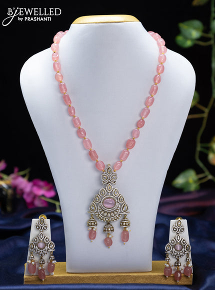 Beaded light pink necklace with baby pink & cz stones and beads hangings in victorian finish