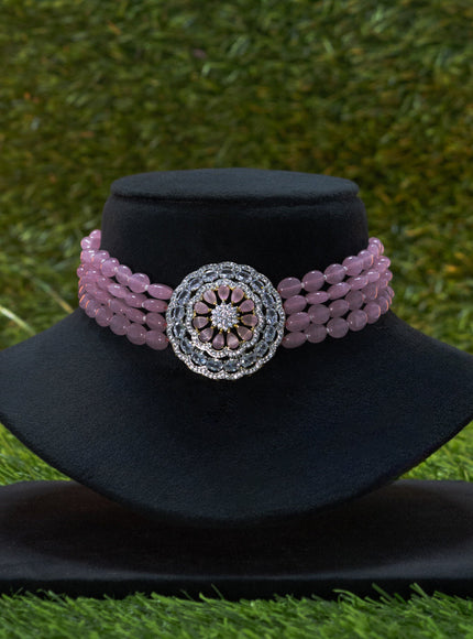 Beaded baby pink choker with baby pink and cz stones in floral pendant