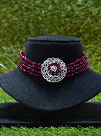 Beaded maroon choker with ruby and cz stones in floral pendant