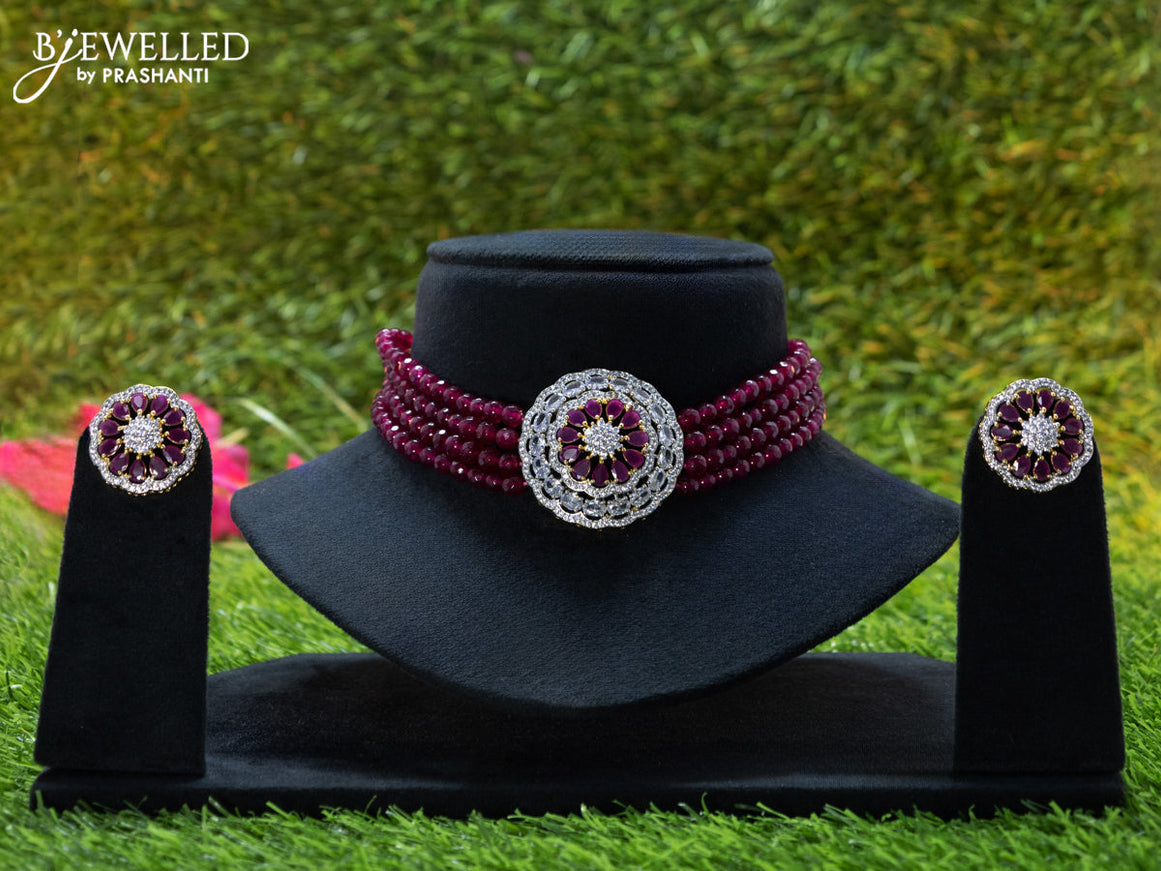 Beaded maroon choker with ruby and cz stones in floral pendant