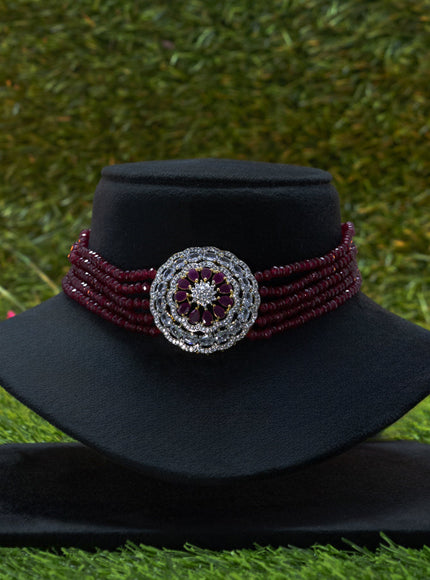 Beaded maroon choker with ruby and cz stones