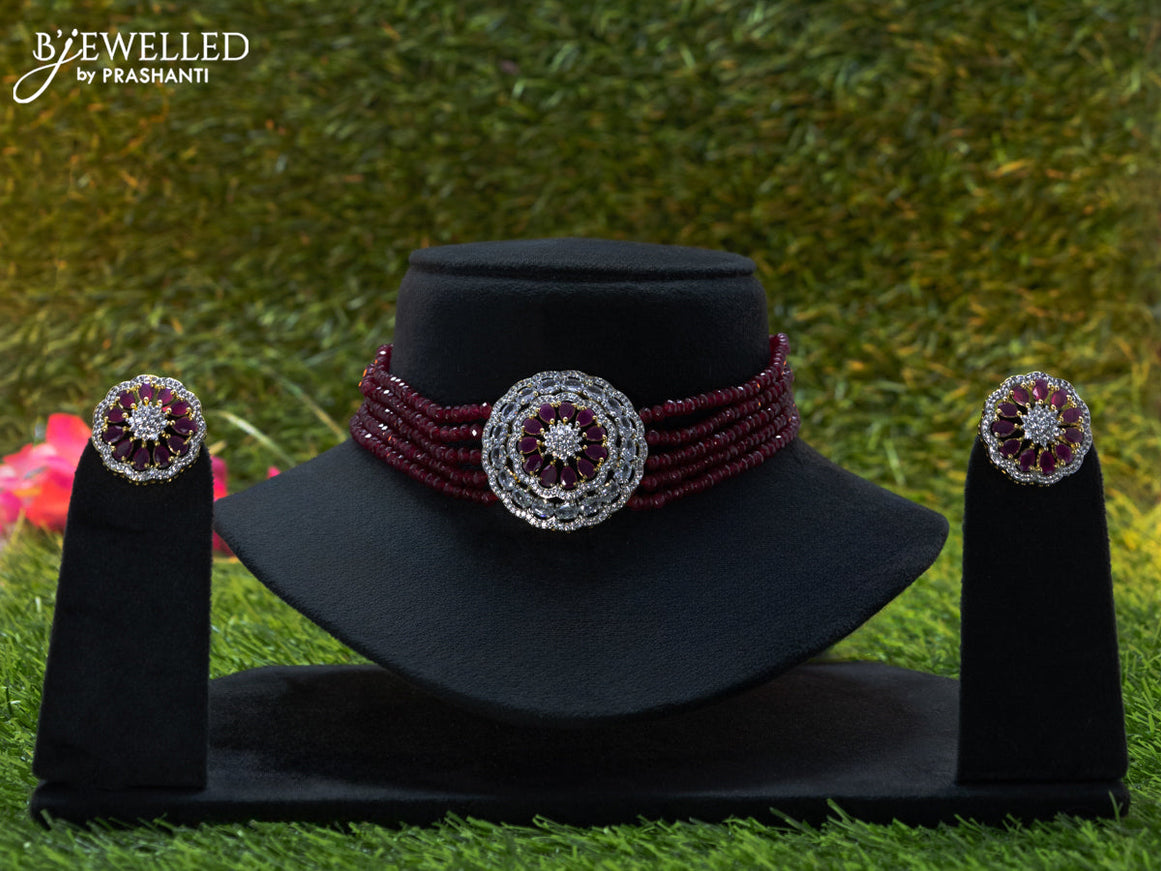 Beaded maroon choker with ruby and cz stones