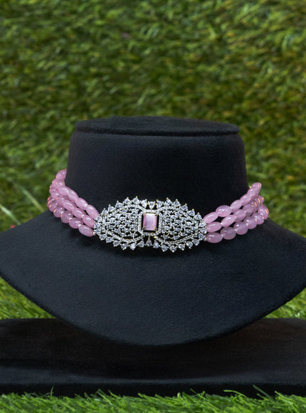 Beaded baby pink choker with baby pink and cz stones