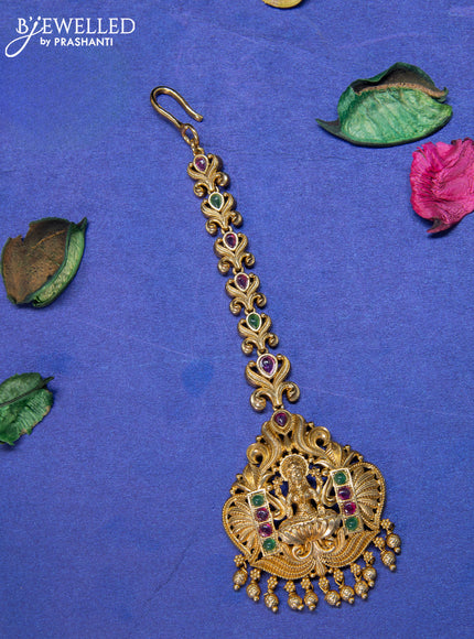 Antique maang tikka lakshmi design with kemp stones and golden beads hangings