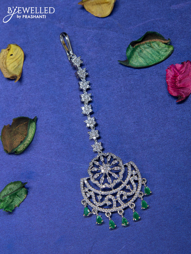 Zircon maang tikka with emerald & cz stones and hangings