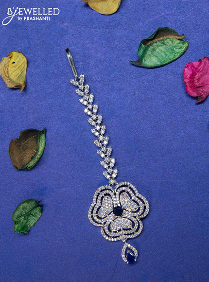 Zircon maang tikka floral design with sapphire & cz stones and hangings