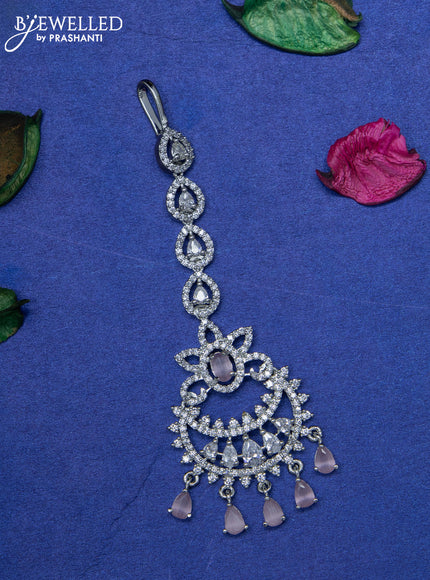 Zircon maang tikka with baby pink & cz stones and hangings