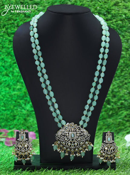 Beaded double layer mint green necklace elephant design with cz stones and beads hangings in victorian finish