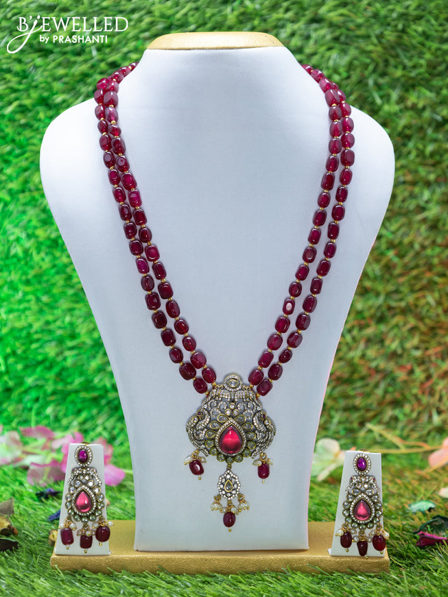 Beaded double layer maroon necklace peacock design with ruby & cz stones and beads hangings in victorian finish