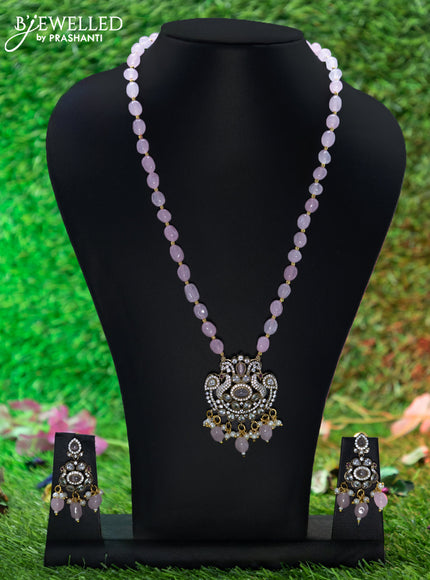 Beaded baby pink necklace with cz stones and beads hangings in victorian finish