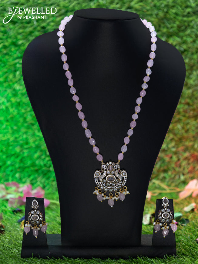 Beaded baby pink necklace with cz stones and beads hangings in victorian finish